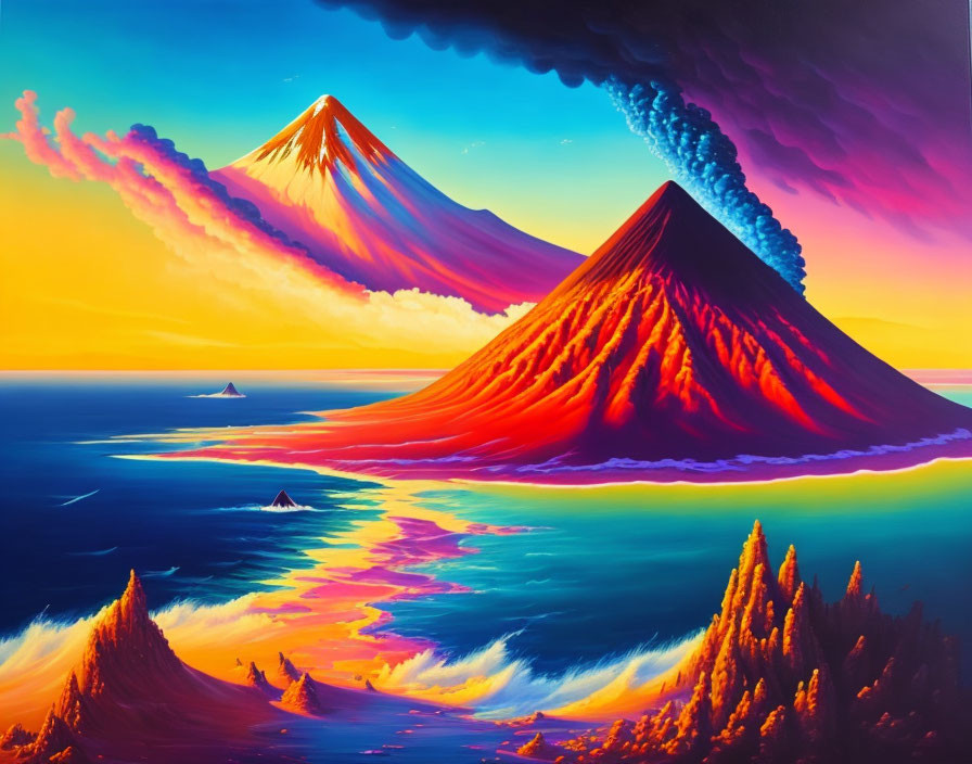 Colorful Volcanic Eruption Painting with Ocean and Sailboats