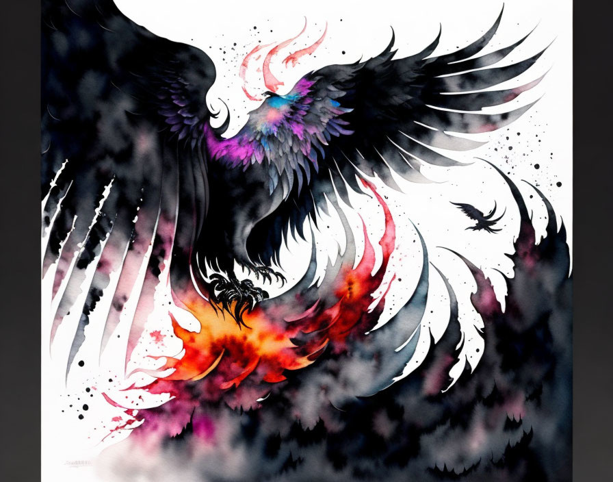 Colorful Watercolor Painting of Phoenix in Mid-Flight