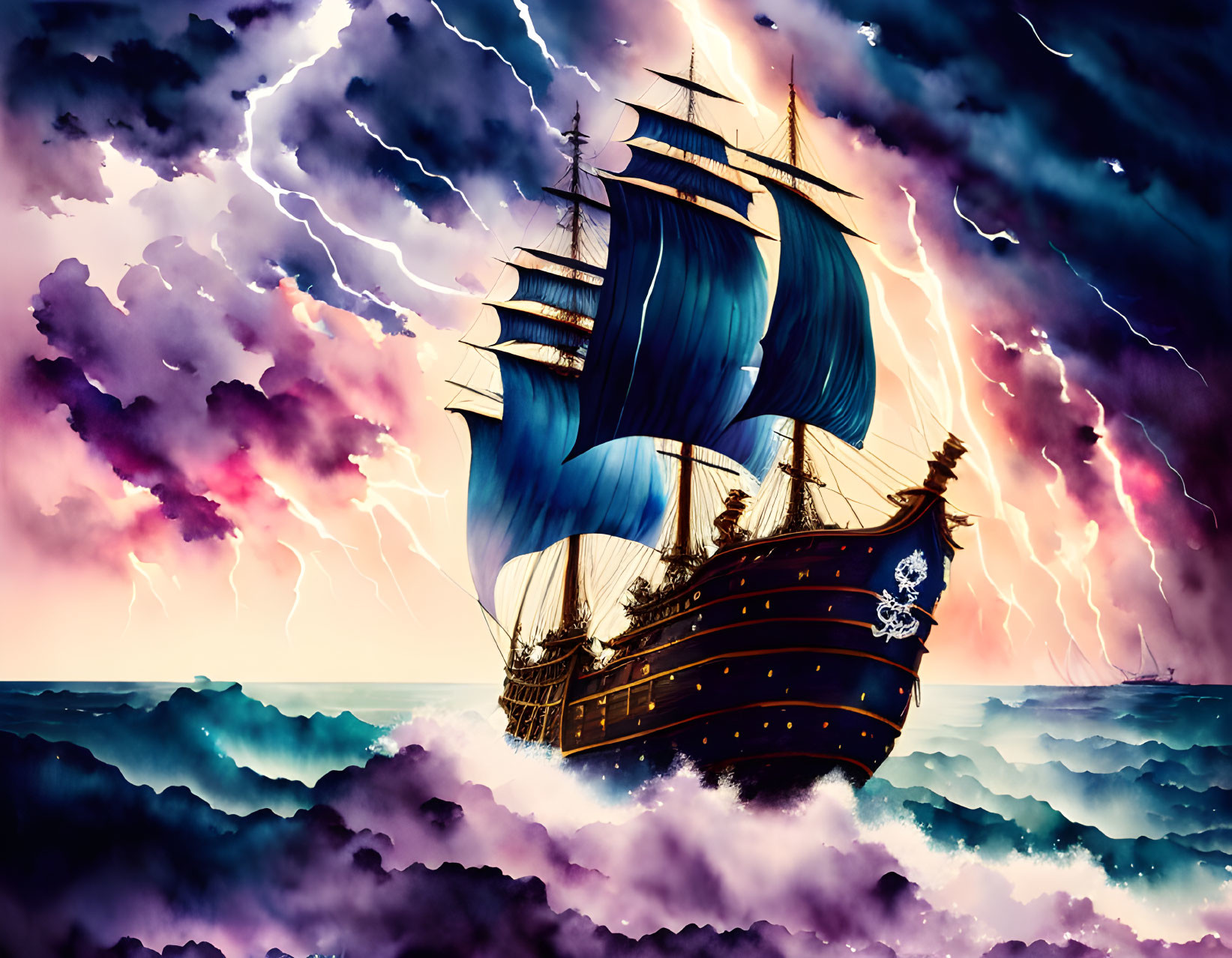 Majestic pirate ship with blue sails on turbulent sea under dramatic sky