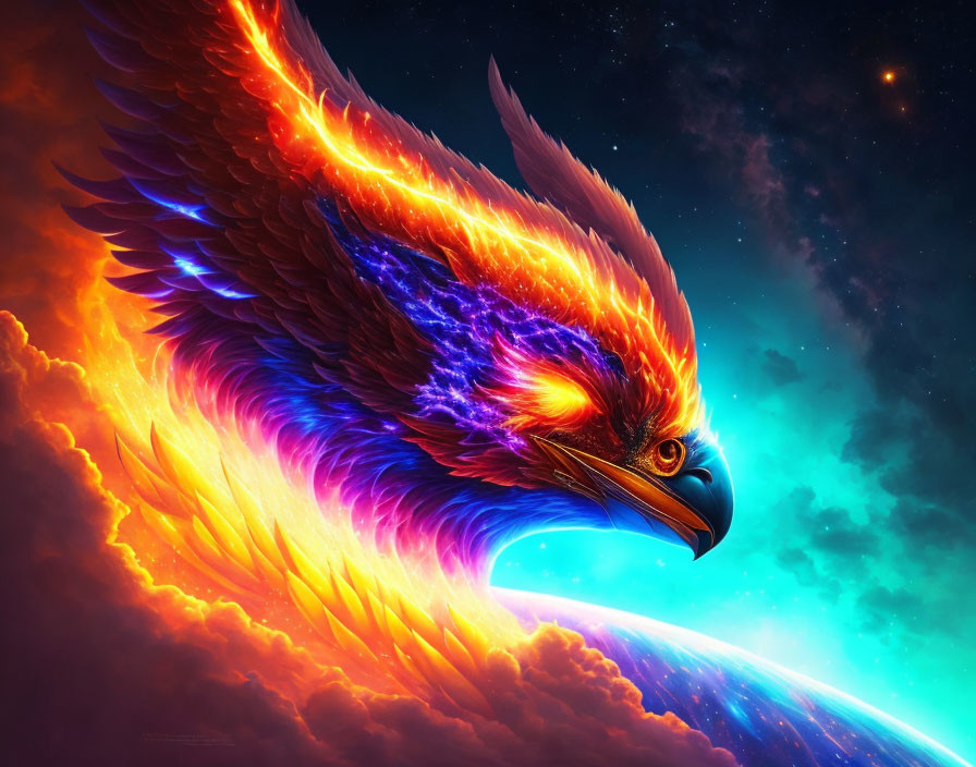 Mythical phoenix digital artwork with fiery wings