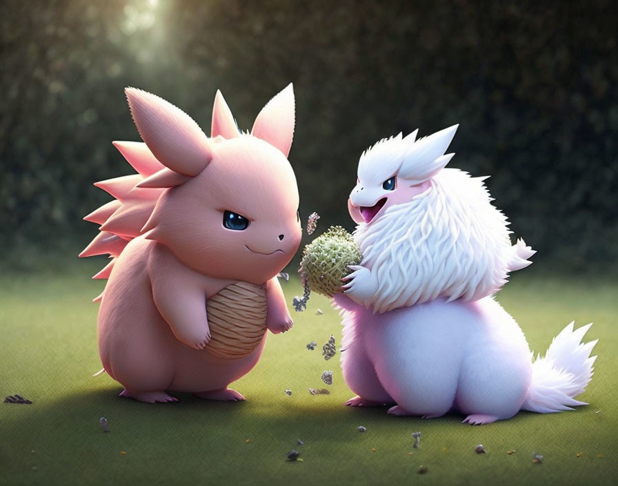 Stylized pink and white creatures with dandelion-like flower in grassy setting