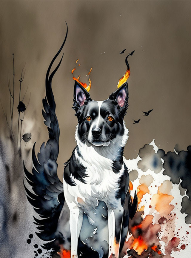 Dog with black and white fur and fiery ears in watercolor setting.