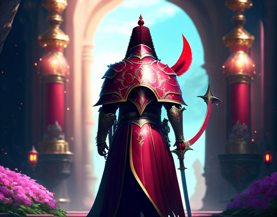 Knight in Red Armor with Halberd in Majestic Setting