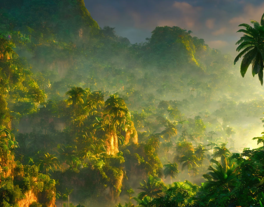 Golden sunlight illuminates misty tropical forest canopy