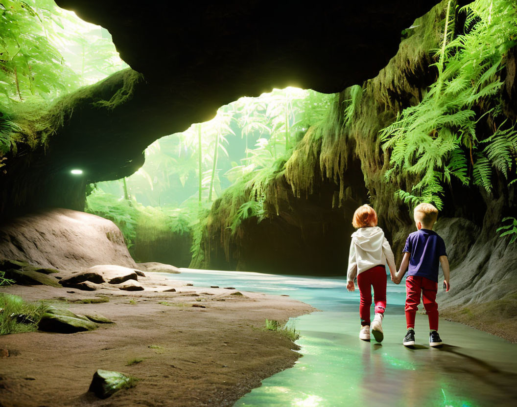 Children exploring lush cave with stream, natural and artificial light.