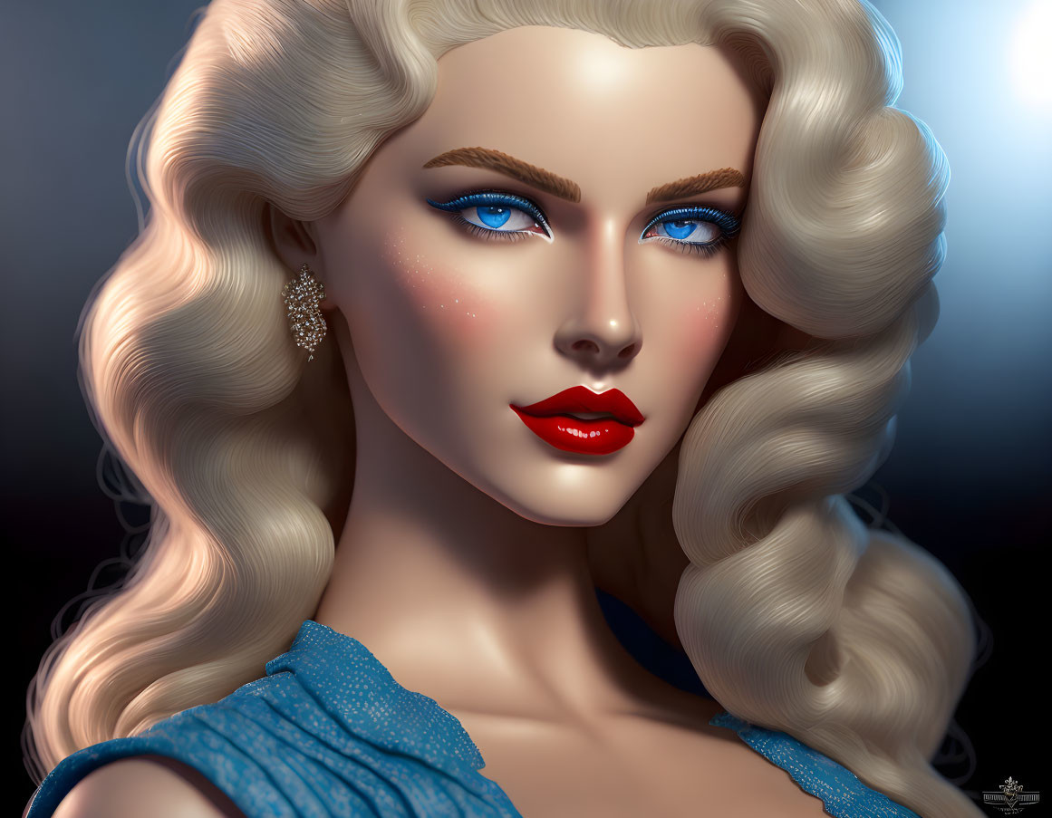 Photorealistic digital portrait of a woman with blonde curls and blue eyes