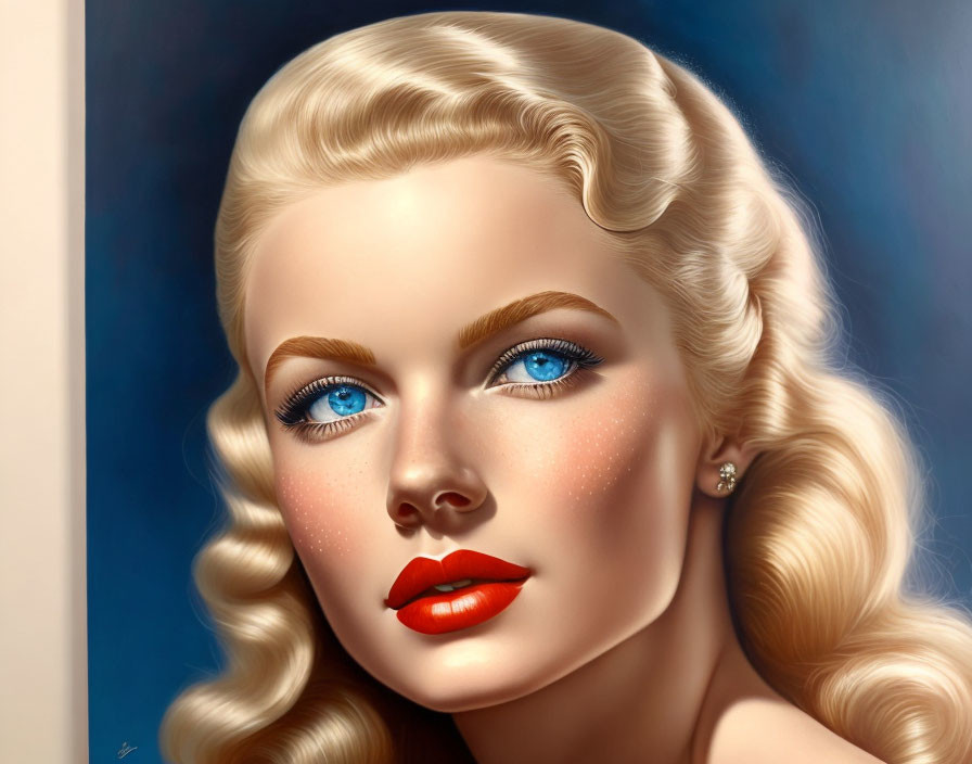 Portrait of Woman with Blonde Waves, Blue Eyes, Red Lips, and Freckles on Blue Background