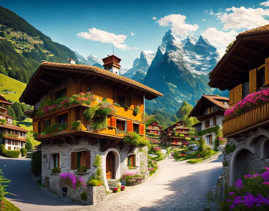 Scenic Swiss village: traditional chalets, colorful flowers, snow-capped mountains