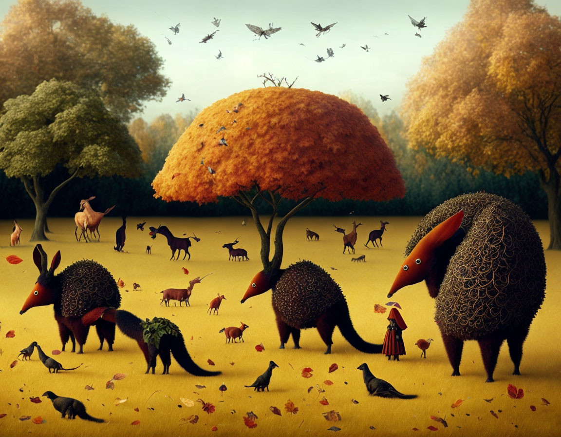 Whimsical autumn scene with giant hedgehog-like creatures, small deer, girl in red hood,