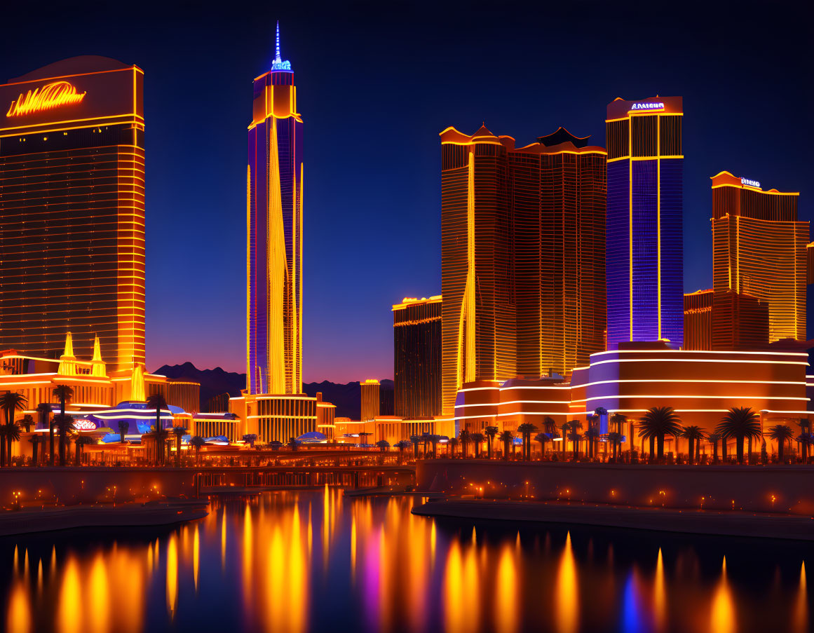 Nighttime waterfront skyline with illuminated skyscraper hotels and casinos reflecting against dusk sky