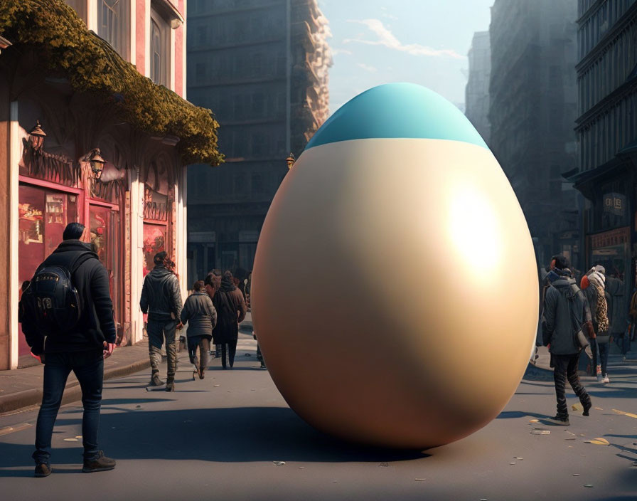 Vibrant giant egg in urban street with old buildings and pedestrians