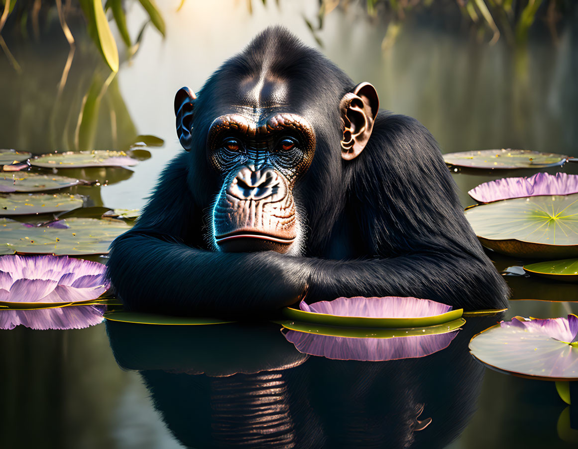 Chimpanzee resting by tranquil pond with lily pads