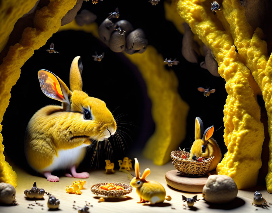 Whimsical rabbit and bee honeycomb scene with tiny basket rabbit