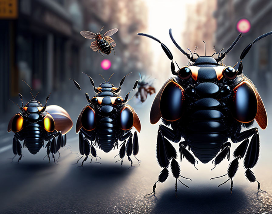 Futuristic urban street scene with oversized robotic beetles