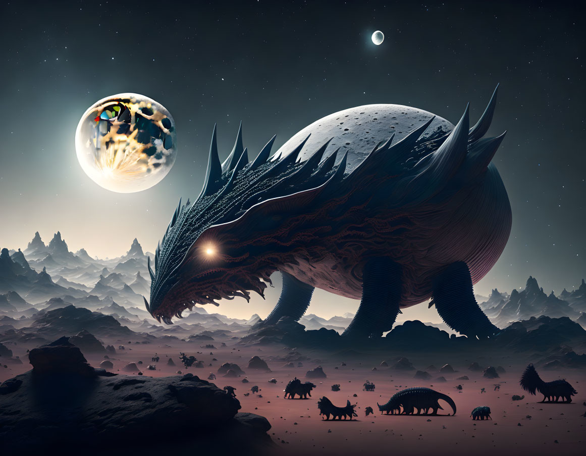 Armored alien creature on rocky alien landscape with Earth-like planet.