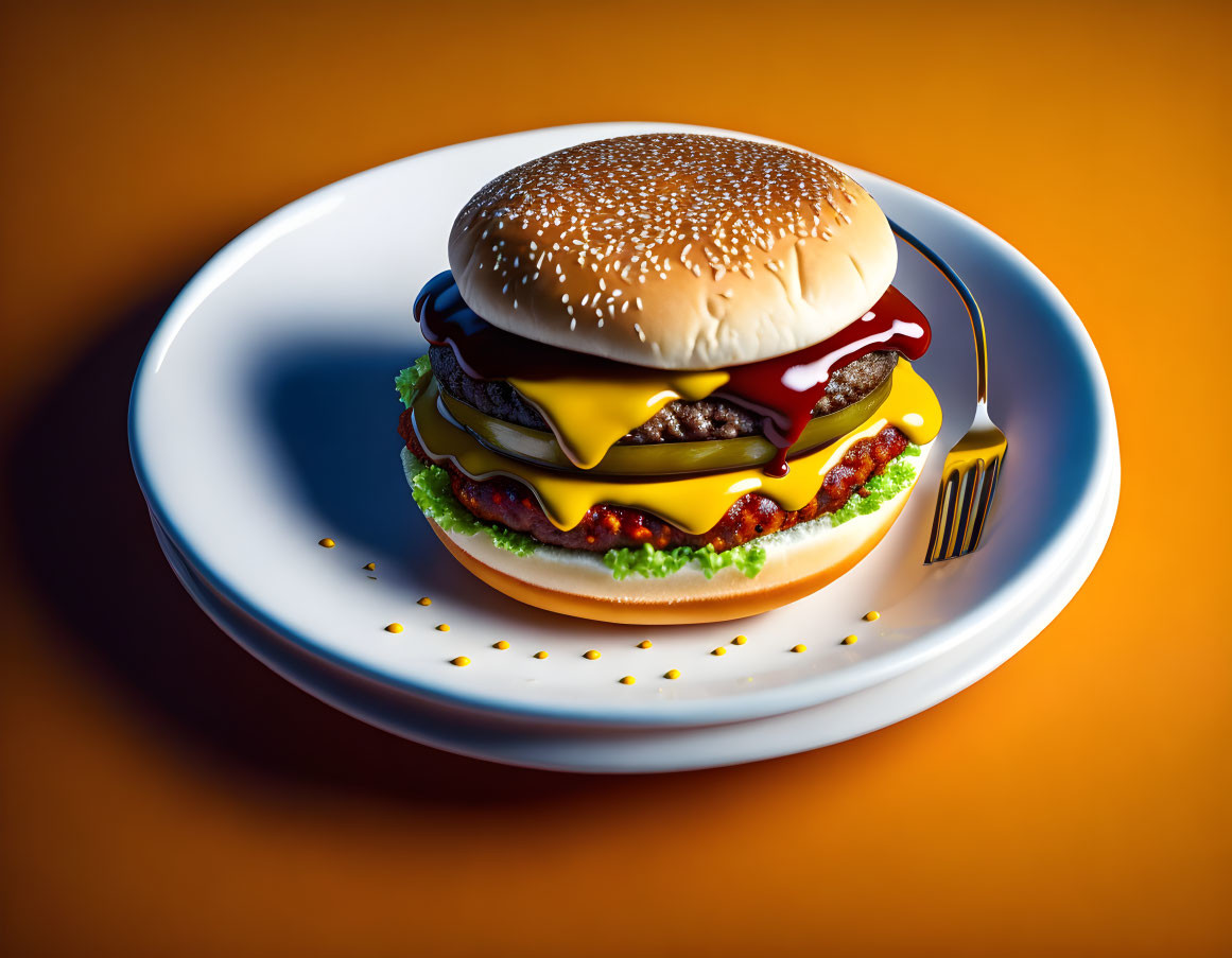 Cheeseburger with lettuce, cheese, condiments on white plate