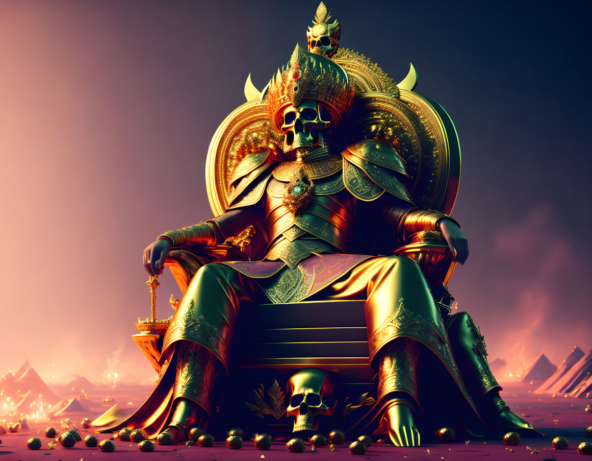 Golden-armored skeletal figure on throne with pyramids and dusk sky