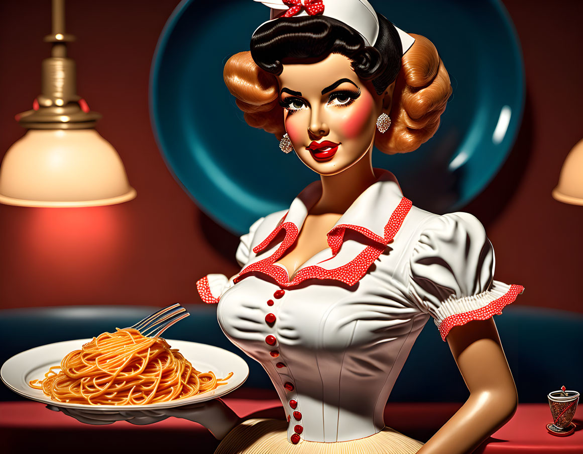 Vintage 1950s diner illustration of woman serving spaghetti