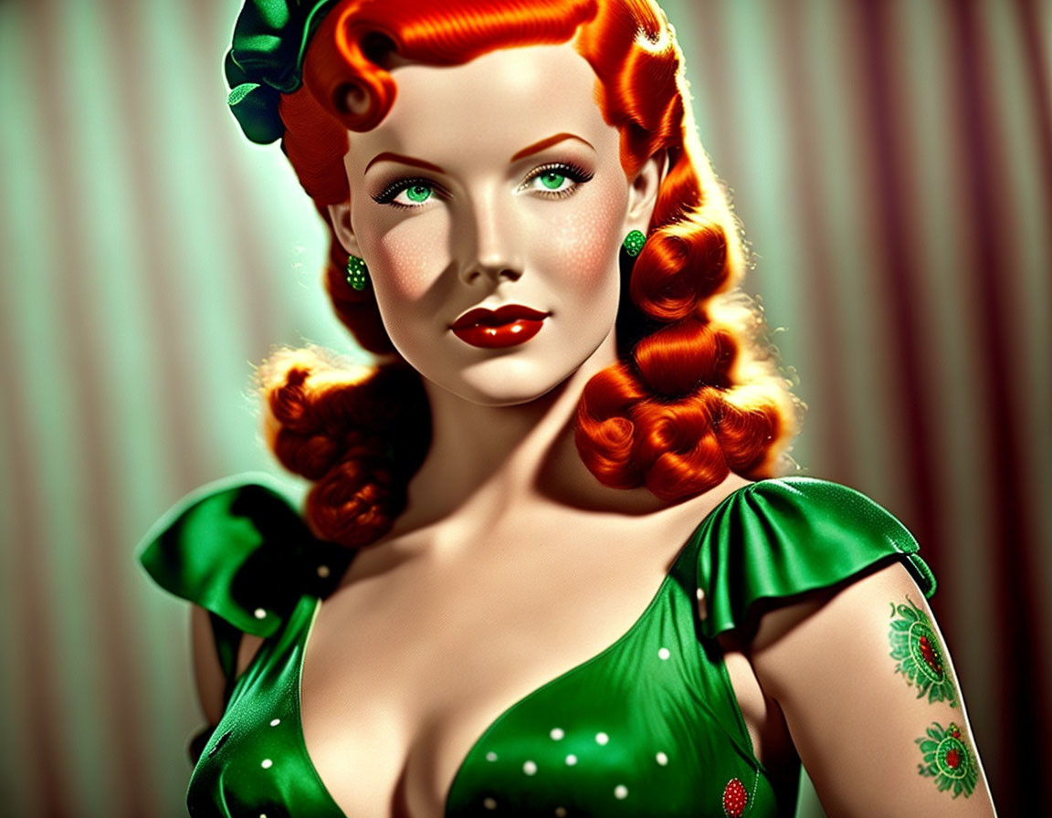 Vintage Portrait of Woman with Red Hair in Green Dress and Floral Tattoo