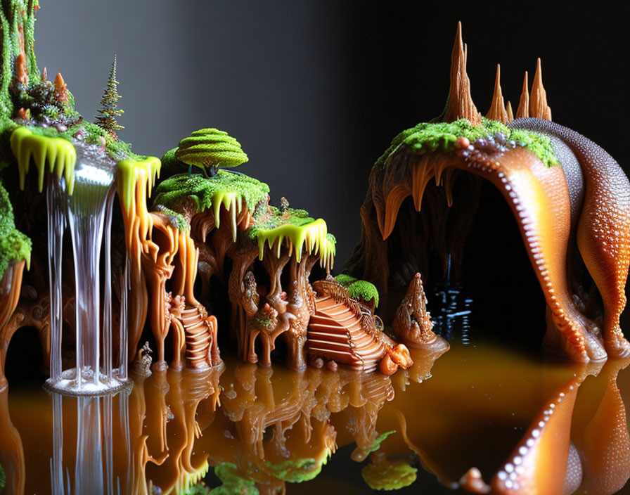 Miniature fantasy landscape with mossy cliffs and dragon-like structures on glossy surface