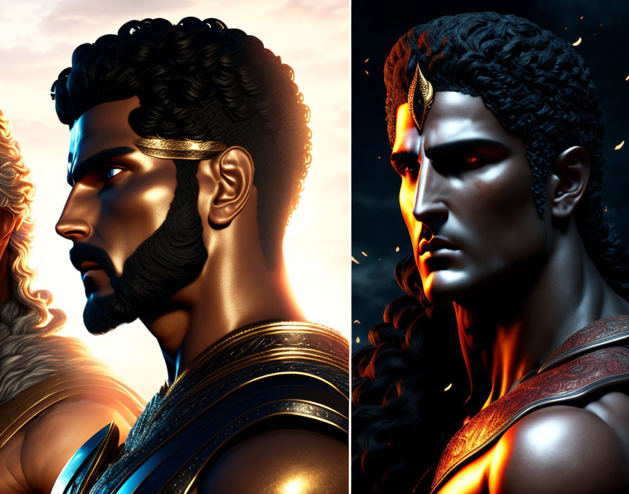 Dual profile portrait of bearded man with stylized hair against fiery and dark backdrop