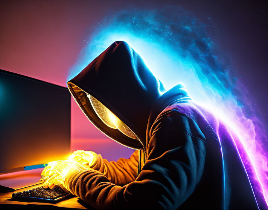 Hooded Figure with Glowing Hands and Nebula Background
