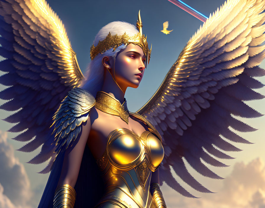 Digital art: Winged female warrior in golden armor with helmet, sky backdrop.