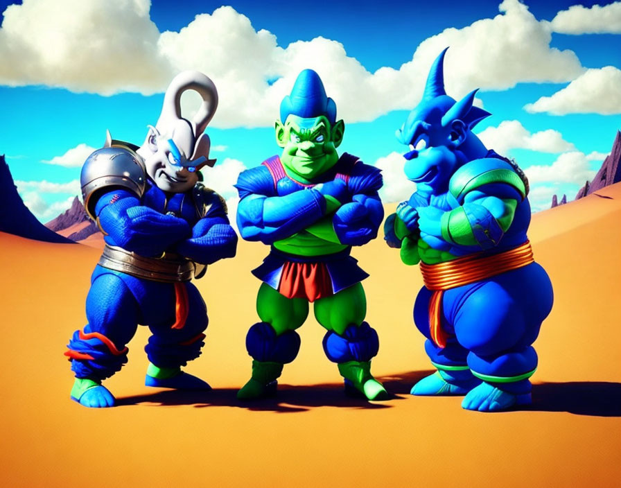 Three muscular animated alien warriors in a desert landscape with blue skies and orange sand