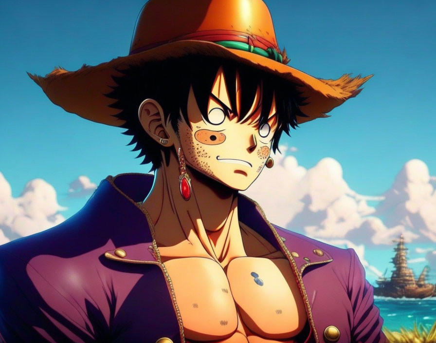 Black-Haired Animated Character with Scar and Straw Hat in Red Vest by the Sea