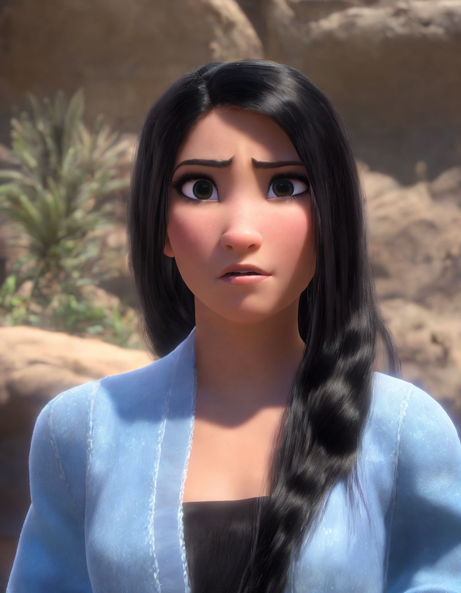 Animated female character with big eyes in light blue outfit in rocky desert