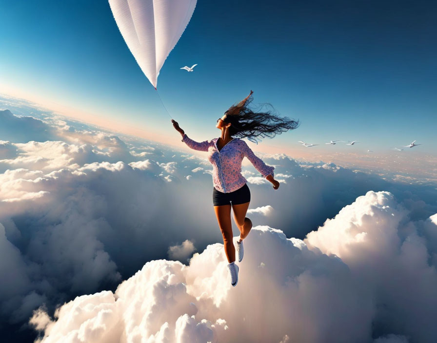 Woman running on clouds with heart balloon in bright sky and birds in background