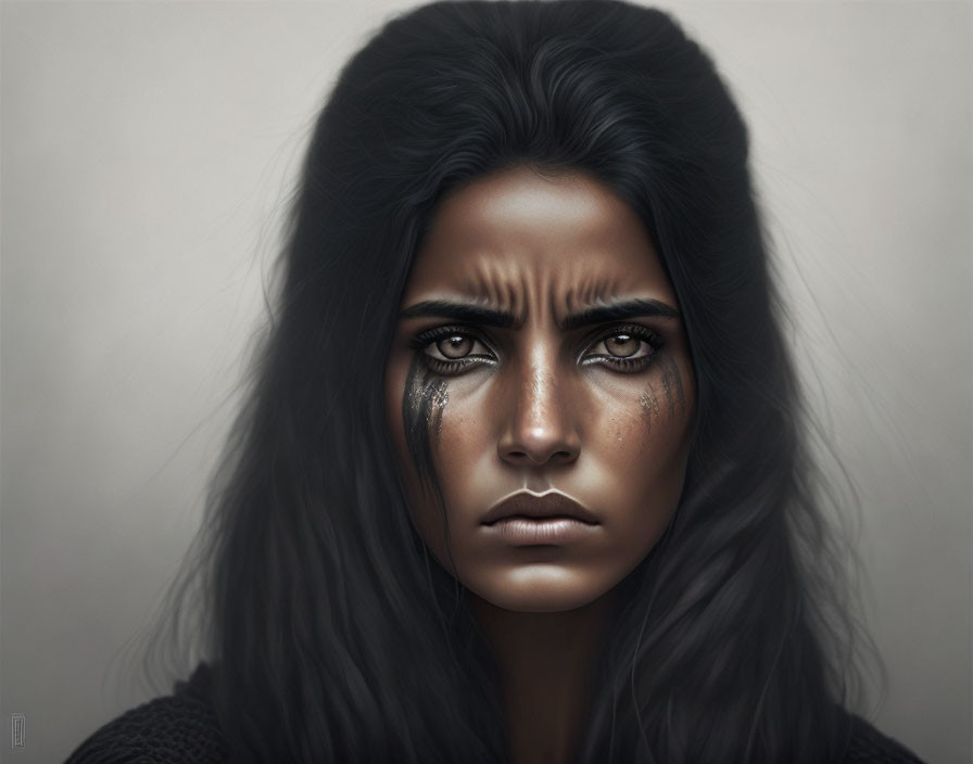 Portrait of woman with striking eyes and tears on face