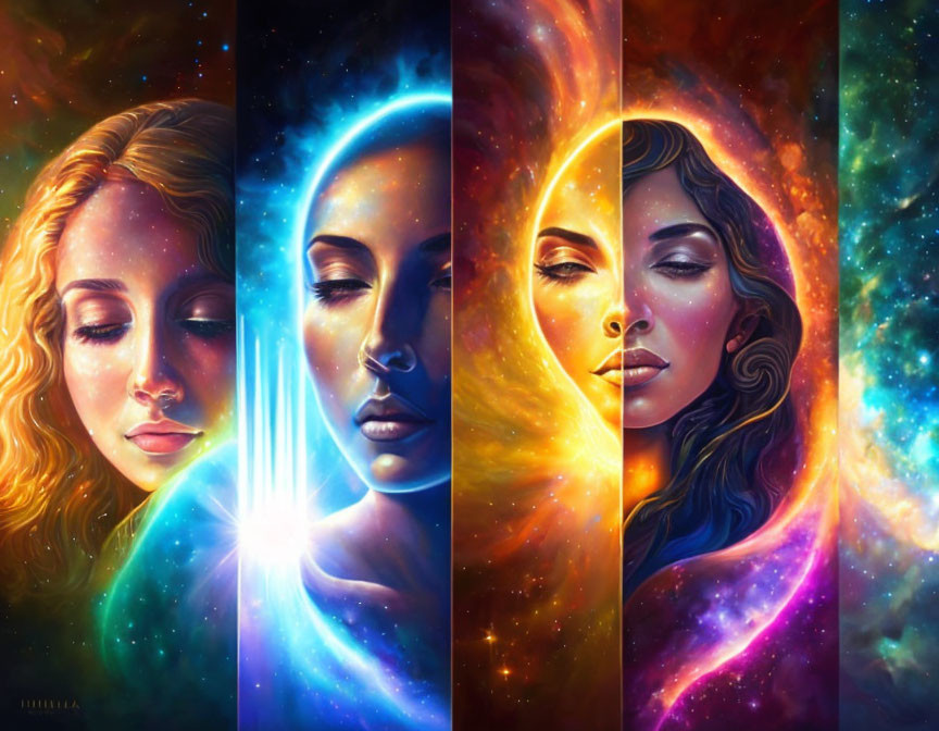 Stylized portraits of women with cosmic backgrounds and diverse skin tones.