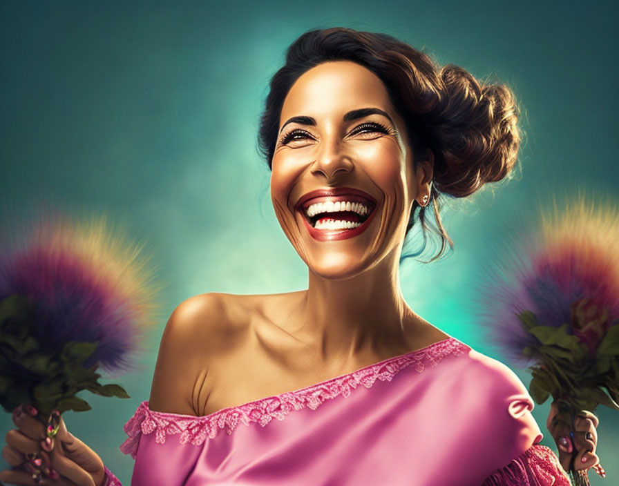 Colorful Digital Illustration of Smiling Woman in Pink Top