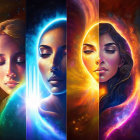 Stylized portraits of women with cosmic backgrounds and diverse skin tones.