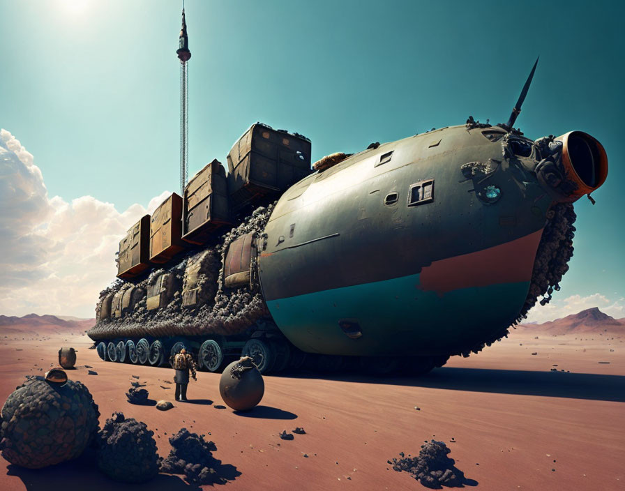 Futuristic cargo vehicle with spherical wheels in desert landscape