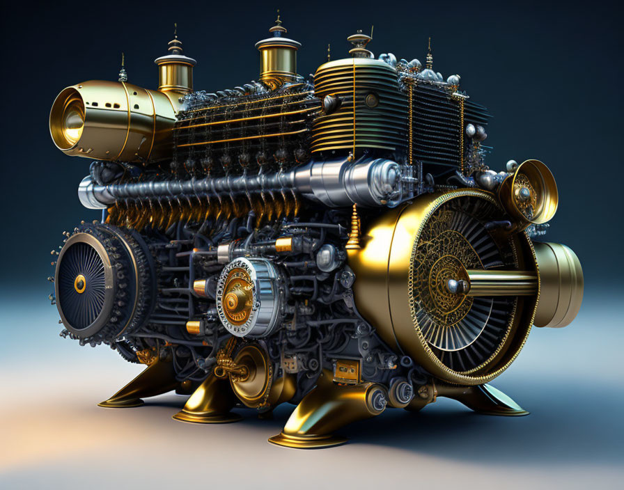 Steampunk-inspired digital artwork of intricate metallic engine