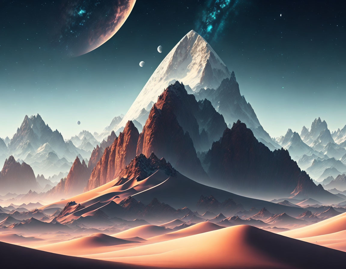 Surreal landscape with mountains, sand dunes, and night sky with planet and moons