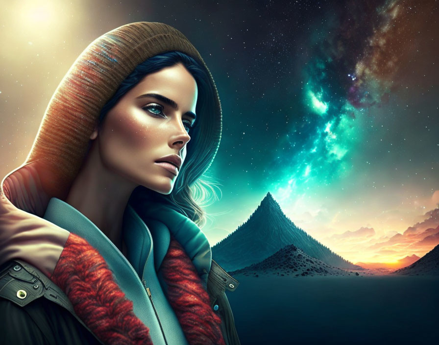 Woman portrait with sunset and cosmic sky backdrop showcasing natural and celestial contrast