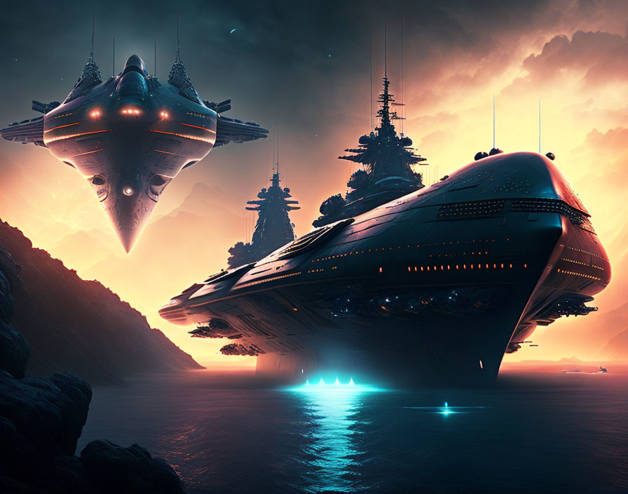 Large futuristic space fleet over calm ocean at dusk with dramatic sky and rocky terrain.