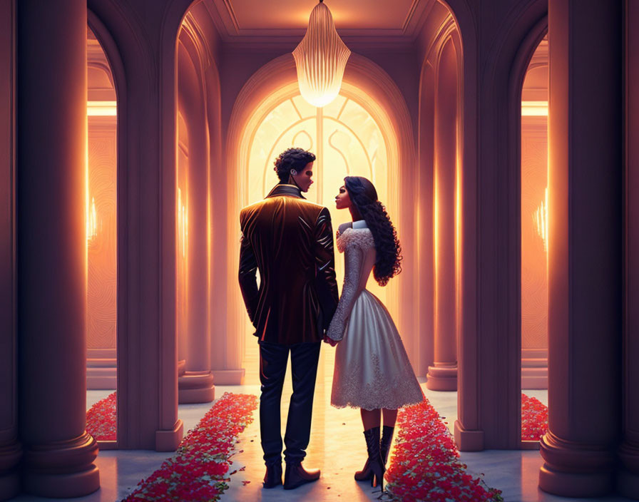 Romantic couple in warmly lit corridor with chandelier and red petals