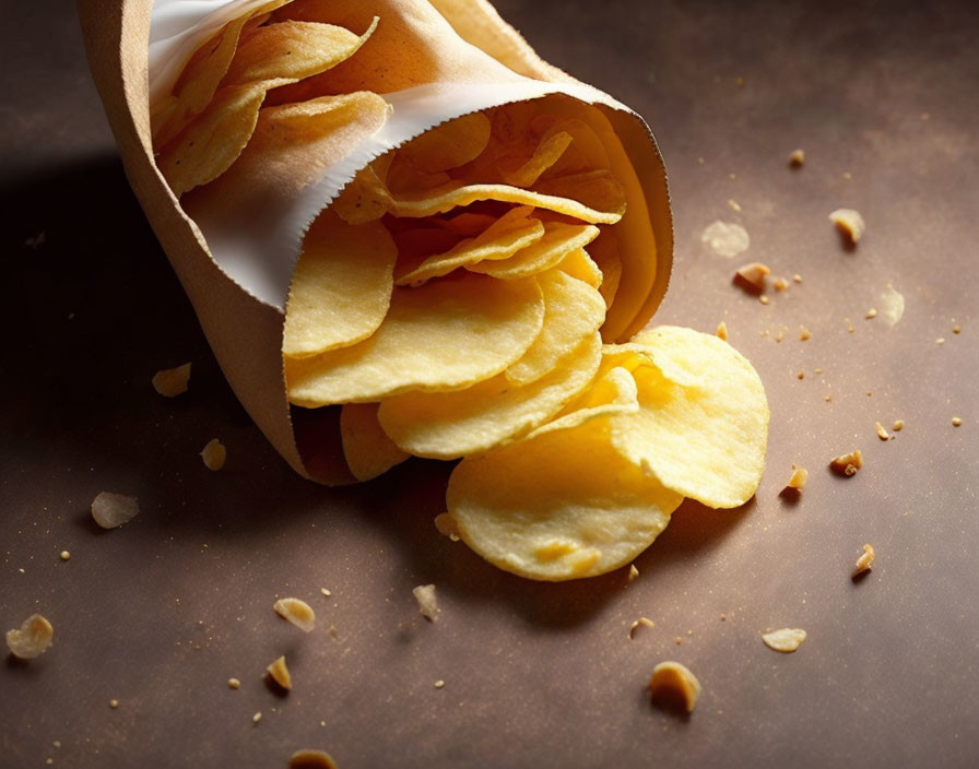 Crispy potato chips spilled on dark surface with crumbs