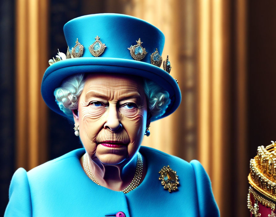 Elderly woman in blue outfit and jeweled hat with blurred crown portrait