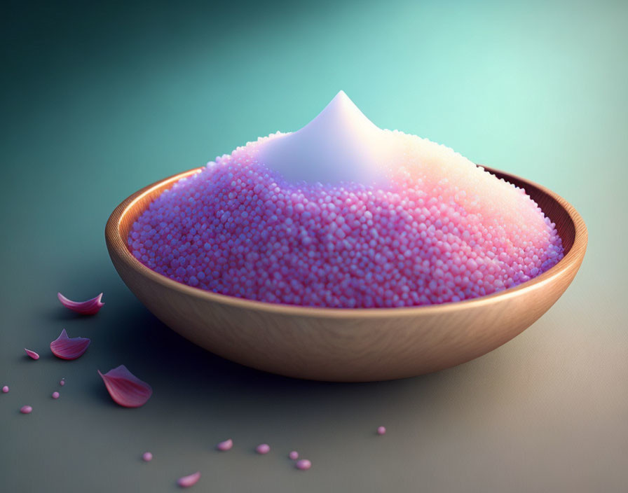 Digital illustration of wooden bowl with pink granules and scattered petals