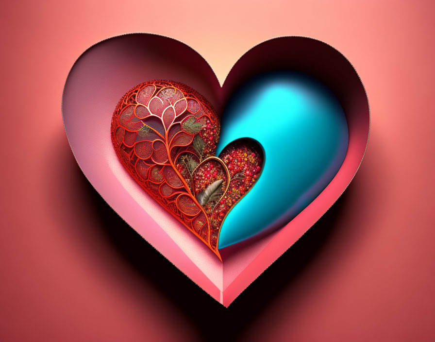 Layered Heart-Shaped Cutout with Patterned Heart on Blue and Pink Background