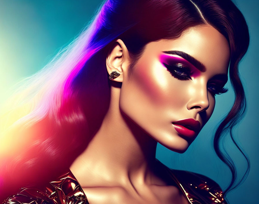 Vibrant profile of woman with dramatic makeup and colorful lighting