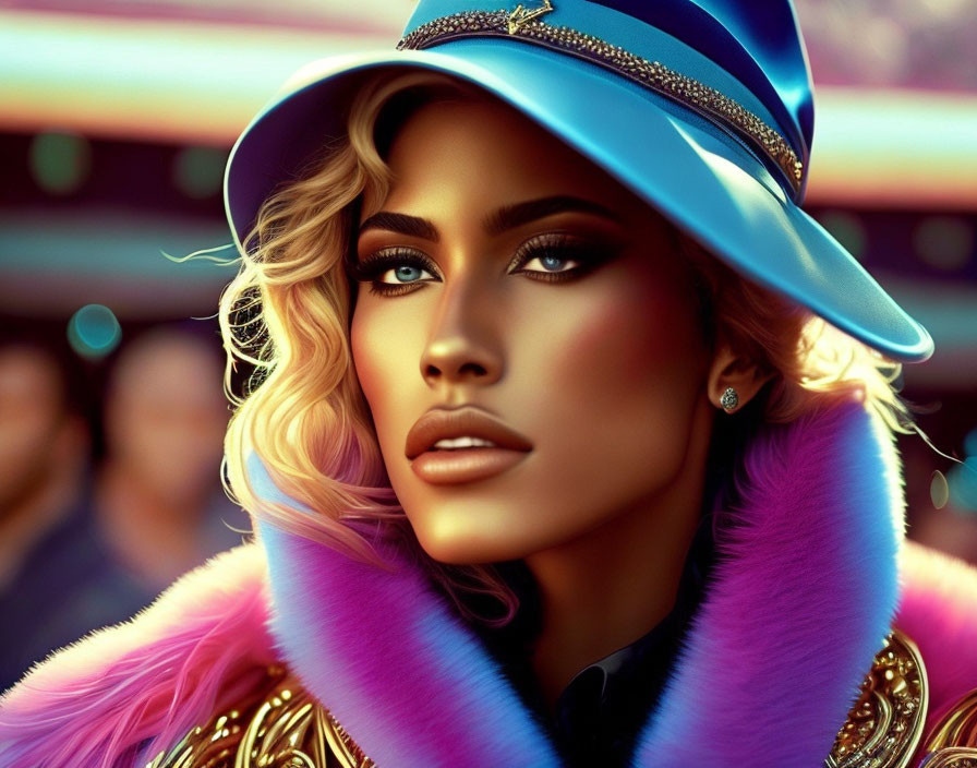 Digital portrait of woman with striking makeup in blue hat and pink fur collar coat.