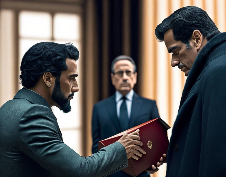 Animated men exchanging red book in front of older man in solemn setting