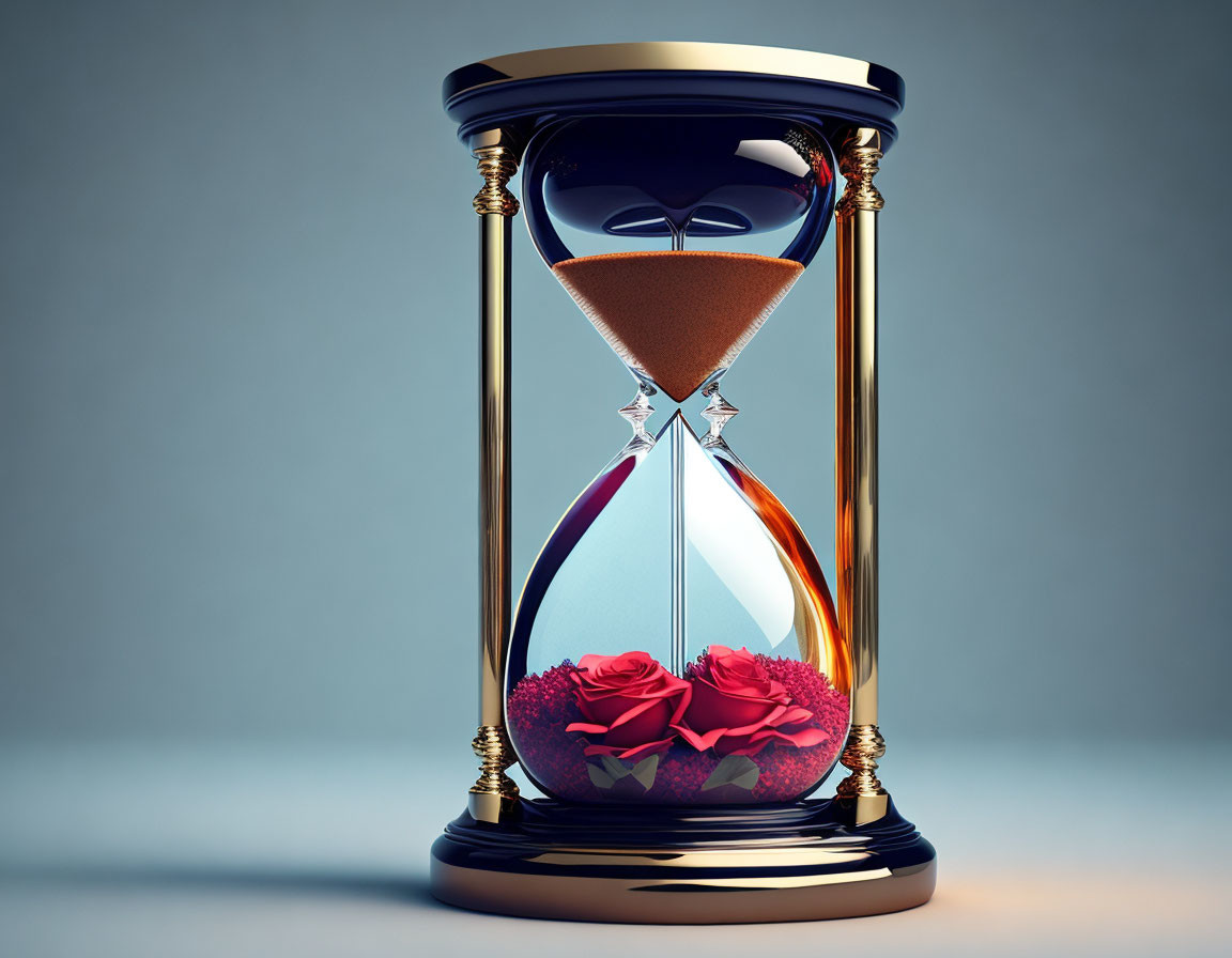 Ornate Black and Gold Hourglass with Red Roses and Sand Detailing