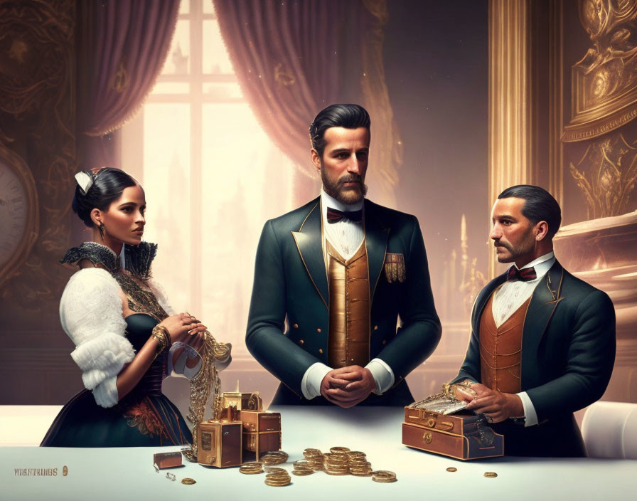 Three People in 19th Century Attire in Luxurious Gambling Scene